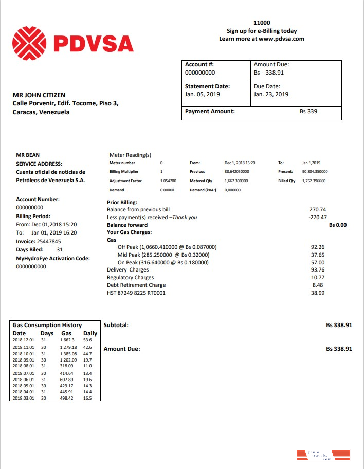 Venezuela PDVSA Gas utility bill template in Word and PDF format